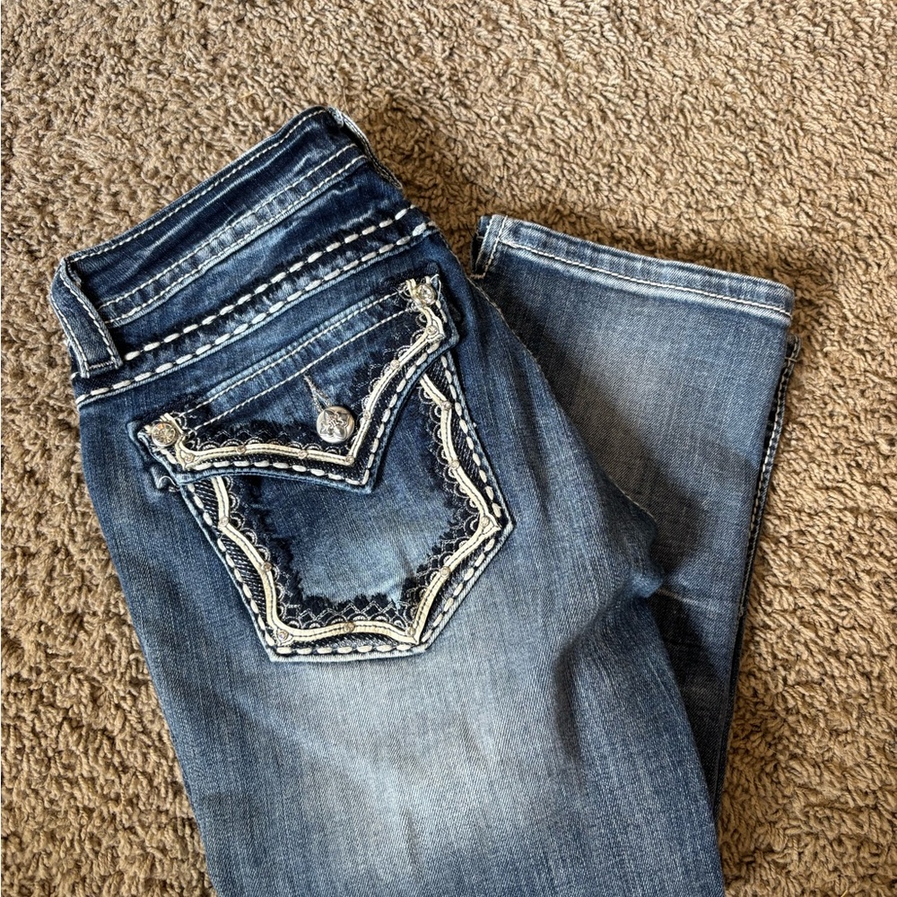 Miss Me Blue Straight Leg Jeans with Decorative Stitching